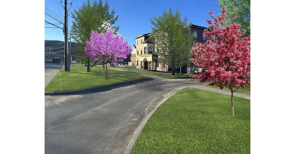 3D render trees and green grass on the side of the bank